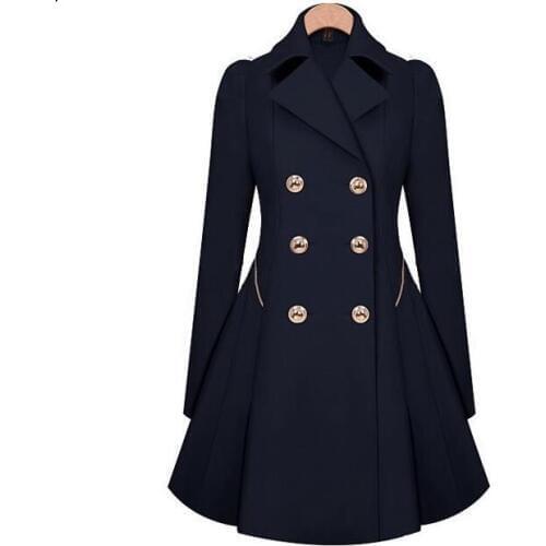Women autumn Elegant Double breasted Navy Blue Solid Color Long Sleeves Tops Office Lady trench coat plus size 3XL