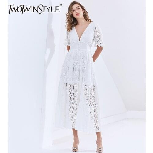 TWOTWINSTYLE Hollow Out Lace Up Bowknot Dress For Women V Neck Short Sleeve High Waist Elegant Dresses Female Fashion New Tide