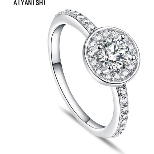 AIYANISHI 925 Sterling Silver 5.0mm Wedding Ring Halo Round Sona Diamond Finger Rings for Women Silver Love Jewelry Gift Anillos