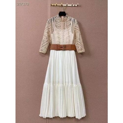 Embroidery A-Line 2021 Elegant Party Long Sleeve Lace Dresses Women Summer Runway Belt oho High Waist Luxury Patchwork Dress