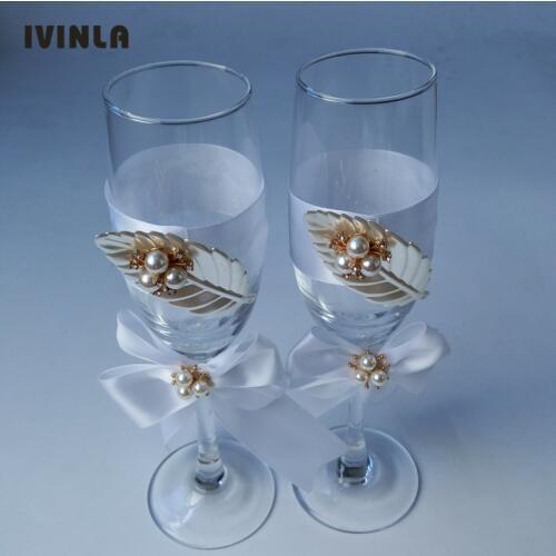 1 Pair/Lot pearl leaf wedding Champagne Toasting Glasses Set for wedding decoration