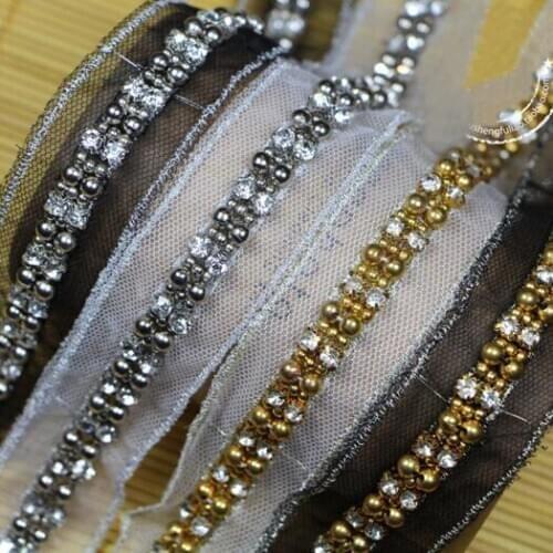 2yards New Gold Silver Beading Rhinestones Lace Trim Mesh Fabric Handmade Beaded DIY Collar Wedding Dress Decoration Accessories