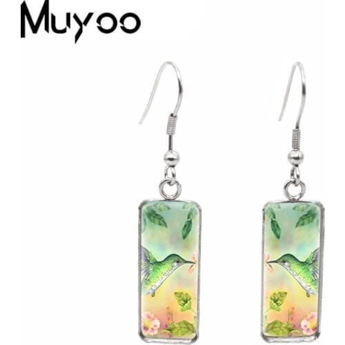 2020 New Beauty Hummingbird Art Oil Painting Rectangle Fish Hook Earrings Lovely Birds Flowers Stainless Steel Dangle Earrings