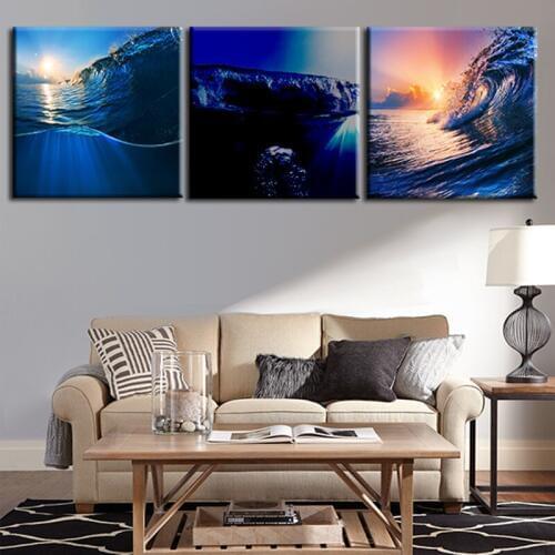2017 3Planes Wall Canvas Painting Art Picture Red Sunrise Sea Ocean Waves Paint Print Home Decor For Living Room