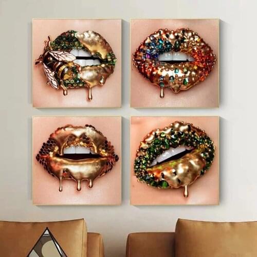Abstract Colored Diamonds Jewel Lips Canvas Painting Wall Art Luxurious Beautiful Mouth Poster Picture for Modern Home Decor