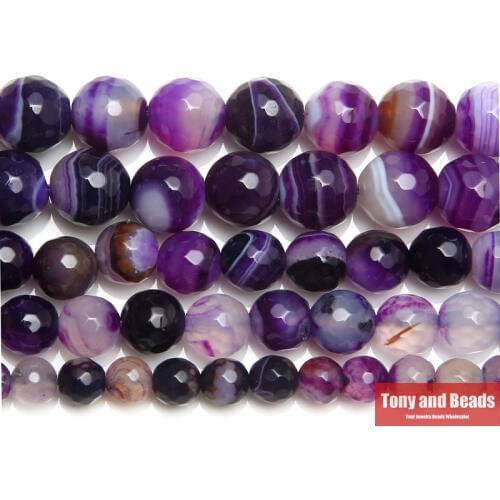 Free Shipping 15" Strand Natural Stone Faceted Purple Stripe Agates Round Beads 4 6 8 10 12MM Pick Size For Jewelry Making