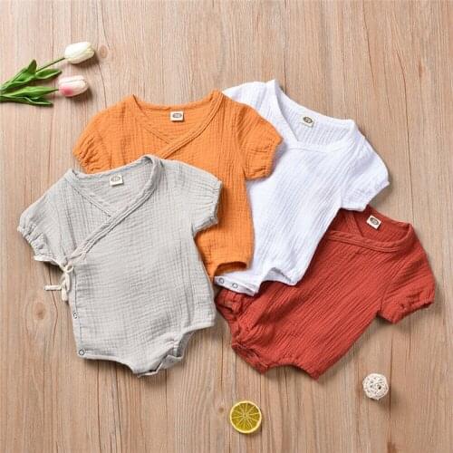 Baby Cotton Linen Solid Bodysuits Fashion Summer Short Sleeve Lace Up Loose One Pieces For Newborn Baby Girls Clothing Casual