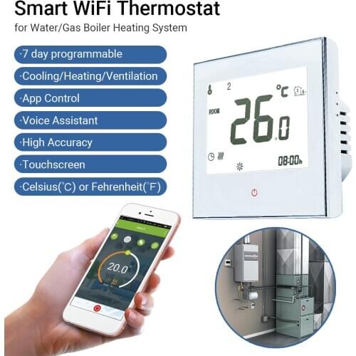 Home Thermostat with WiFi for Water/Gas Boiler Touchscreen Heat with App&Voice for 95-240V for Amazon Echo Google Tmall Genie