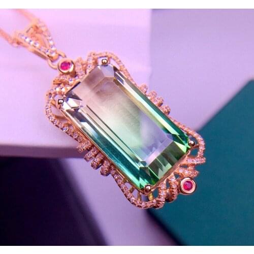 E708 Fine Jewelry Solid 18K Gold 100% Natural 20.5ct Watermelon Tourmaline Diamonds Gemstone Diamond Womens Pendants Necklaces