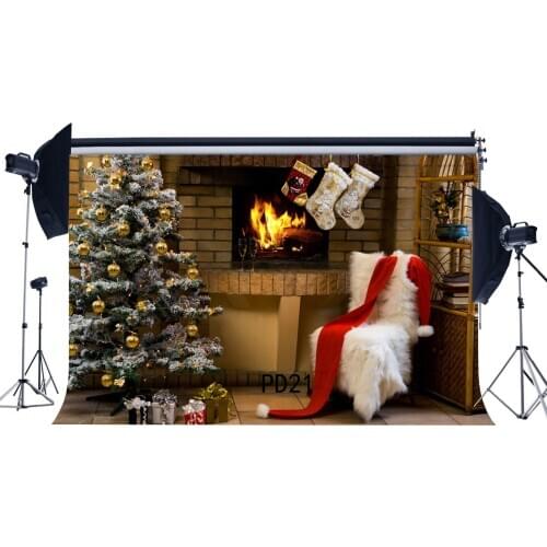 Photography Backdrops Christmas Indoor Christmas Tree & Christmas Gifts & Christmas Fireplace Socks Chair Background