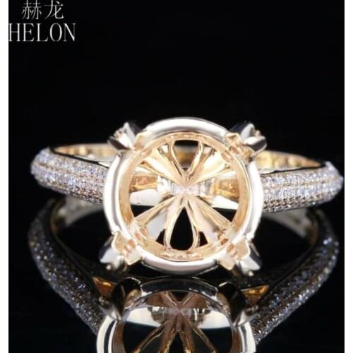 HELON 10-11mm Round Solid 10K Yellow Gold Pave Natural Diamond Semi Mount Engagement Ring Setting For Women Birthday Best Gift