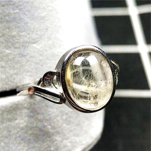 12x10mm Natural Gold Rutilated Quartz Ring Jewelry For Woman Lady Man Crystal Oval Beads Silver Gemstone Adjustable Ring AAAAA