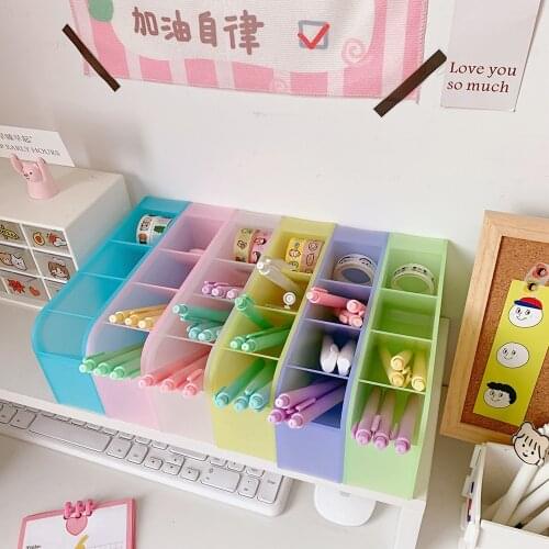 Makeups Pencil Storage Box Kawaii Macaroon Color Gird Desktop Organizer Pen Holder Desk School Office Stationery