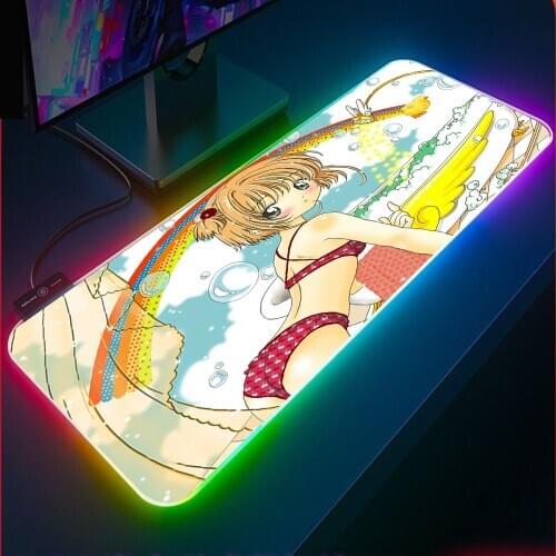 Kuro Magician Girl Sakura RGB Anime Mousepad LED Glowing Magic Card Girl Sakura Laptop Kawalili Gaming Accessories Keyboard Mat