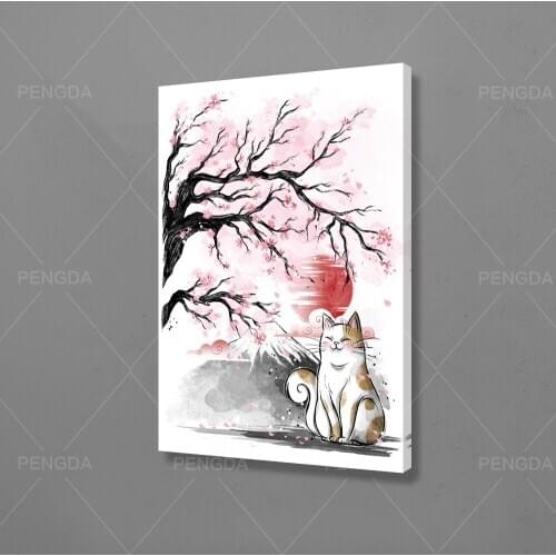 HD Print Modular Lovely Cat Picture Canvas Sakura Tree Painting Landscape Poster For Living Room Home Decor Wall Art Framework