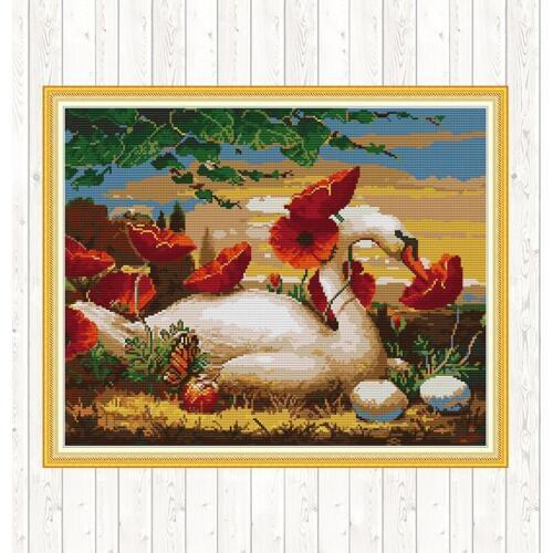 Swans Among The Flowers Counted Cross Stitch Fabric 14ct 11ct Set for Embroidery Kit DMC DIY Printed on Canvas Needlework Kits