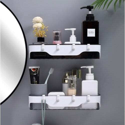 Wall-mounted Bathroom Shelf Plastic Waterproof Shower Rack With Hooks Punch-free Shampoo Organizer Home Bathroom Accessories