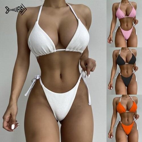 Solid Color New Bandage Bikini Swimsuit Women Waist Side Lace Up Swimwear Female Solid Bikini Set Brazilian Bathing Suits