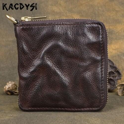 Original Handmade Wallet Leather Genuine Cow Leather Zipper Mens Wallets Retro Money Clips Brush Color Luxury Short Bifold Purse