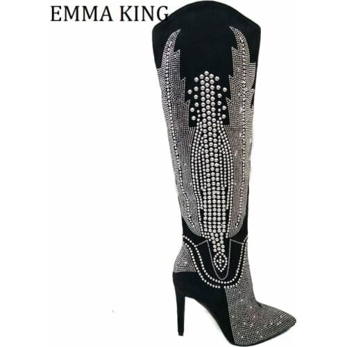 Autumn Winter Women Studded Rhinestone Knee High Boots Sexy Pointed Toe Bling Crystal Long Boot High Stilletto Heels Boots Mujer