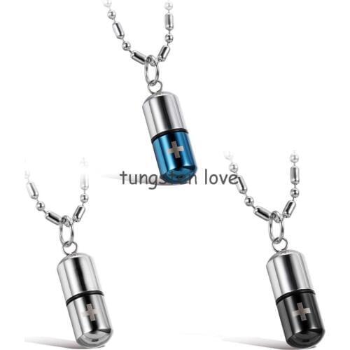 Punk Love Pill Cross Capsule Design Stainless Steel Pendant Necklace Black/Blue/white 3 colors Selectable
