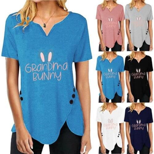 Easter Women V Neck Short Sleeve T-shirt Summer Button Irregular Top Blouse