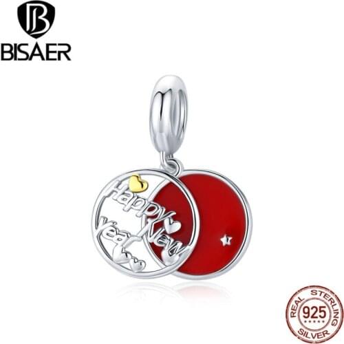 BISAER 2020 Beads 925 Sterling Silver Happy New Year Charms Pendant Fit DIY Bracelets & Necklace Making Jewelry Gift ECC1718