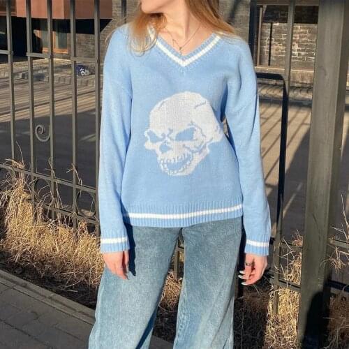 Rapcopter Y2k Sweaters Skulls Pullovers V Neck Loose Knitted Tops Women Streetwear Retro Casual Winter Clothes Women Sweater