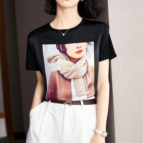 Loose Printed T-Shirt Women Summer New All-Match Short Sleeve Shirt Womens Chiffon Shirt Plus Size Black T-Shirts Girls S-2XL