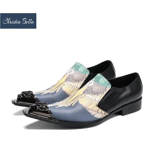 Christia Bella Designer Print Party Men Shoes Metal Pointed Toe Genuine Leather Shoes Plus Size Business Wedding Male Dress Shoe