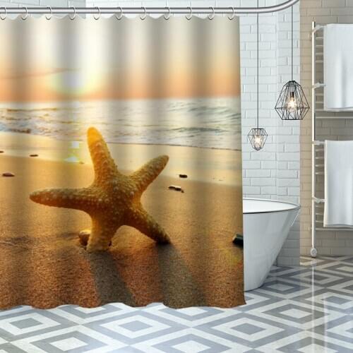Custom High Quality Seashell Shower Curtain Waterproof Bathroom Polyester Fabric Bathroom Curtain With Hooks