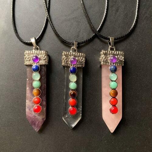 Purple Amethyst Stone Clear Crystal Rose Quartz Point Pendant Stone Natural Crystal Sword Arrow Necklace Men Free Rope Chain 1pc