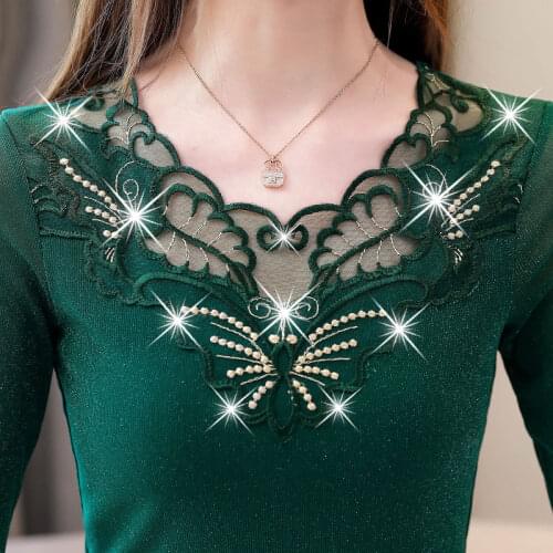 Woman Tshirts Lace Womens Long-Sleeved Spring plus Size Top Mesh Tops Mujer Camisetas
