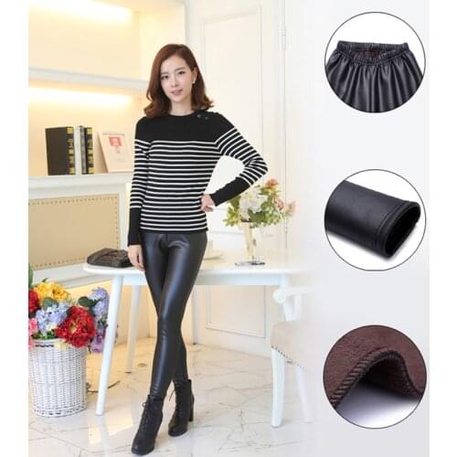 2020 High Waist Leather Leggings Ladies Bright Black Slimming PU Warmth Bottoming Faux Leather Leggings Sexy Push-up Slim Pants