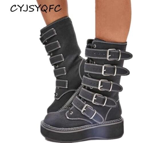 CYJSYQFC Retro Belt Buckle Women Mid Calf Boots Autumn Winter Thick Bottom Flat Platform Ladies Long Boots Western Cowboy Boots