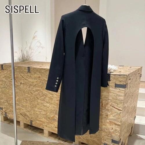 SISPELL Back Hollow Out Blazer Coats For Female Lapel Colalr Long Sleeve High Waist Slimming Pure Color Womens Casual Coat New