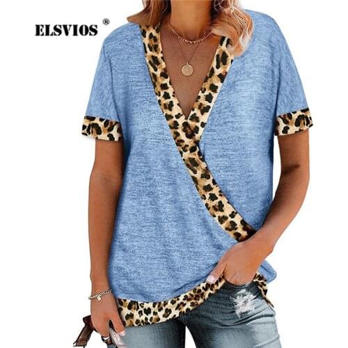 Women Summer V-Neck Sexy Leopard Print Color Matching Short-Sleeve T-Shirt Top Female Casual Temperament Commute Mid-Length Tees