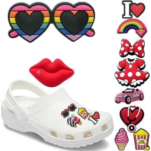 10PCS Glasses Rainbow PVC Shoe Charms Popcorn Ice Cream Shoe Decorations Accessories Stethoscope Lips Ornaments Kid Gift