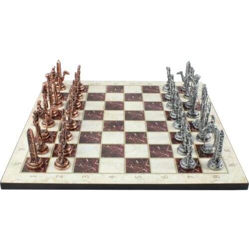 14.5 Inch Chess Set Marble Patterned Chess Board Game Wooden Board Game with Egypt Pharaoh Figures Chess Figures