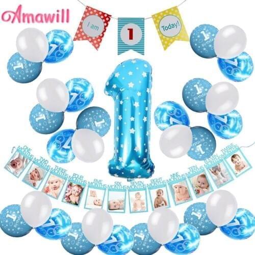 Amawill 1st Birthday Foil Balloons Latex Globos 12 Months Paper Banner I Am 1 Today Bunting Birthday Party Decorations Kids 8D
