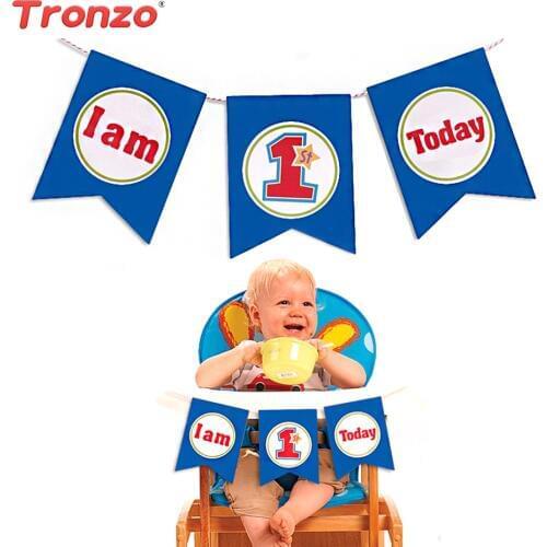 Tronzo One Year Birthday Banner Boy Girl First Birthday Paperboard Pink Blue Chair Flag Hanging Baby Shower Party Decoration