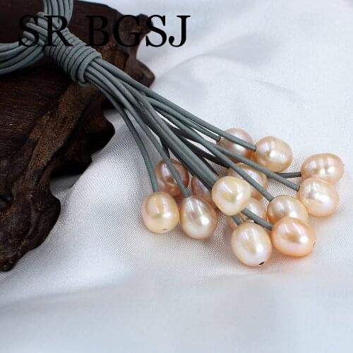 Free Shipping 10-12mm Natural Freshwater Pink Pearl Beads Cord Magnetic Women Jewelry Leather Necklace 18"
