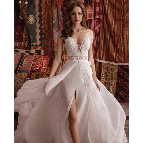 Bohemian Delicate Lace Wedding Dresses Spaghetti Straps High Slit Sexy Bridal Gowns Backless Simple Bride Dress Boho 2021