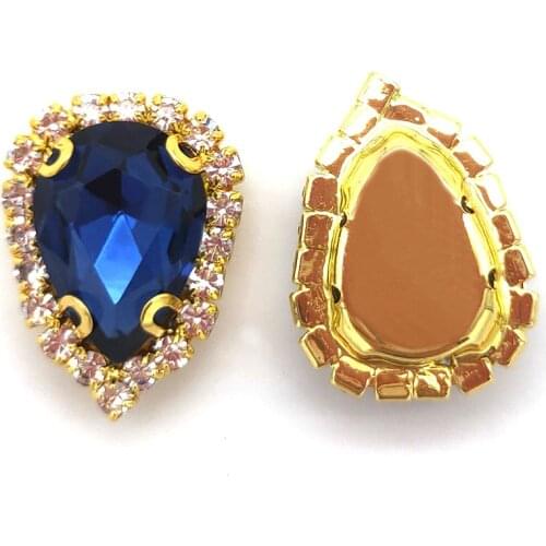 Ink Blue AAA+ Glass Crystal Teardrop Flatback Crystal Button, Gold Bottom Sew On Rhinestones For DIY Clothing Decoration 10/Pcs