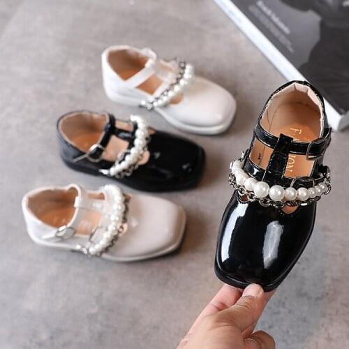 Kid Chain Shoes Girl Buckle Pearl Retro Shoes Autumn Child Shallow Mary Jane Flat Black Beige Princess Leather Shoes Loafers