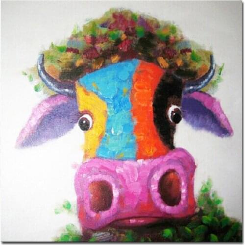 Muzagroo Art Happy Cow Oil Painting Hand Painted on Canvas Modern Wall Art for Living Room Colorful Decor for Childrens Room