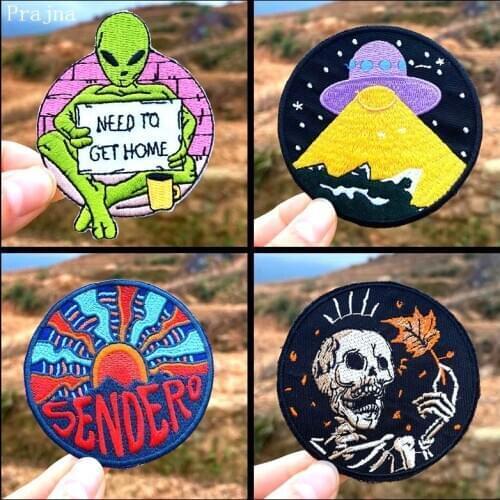 Round Patches Badge Iron On Space Alien Embroidered Patches For Clothes Letter Applique Sticker Punk Skull Stripe For Clothes