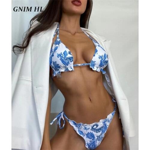 GNIM Sexy Ruffle Swimwear Women 2 Pieces Backess Micro Bikini Set 2021 Bandage Swimsuit Female Retro Print Womens Swimming Suit
