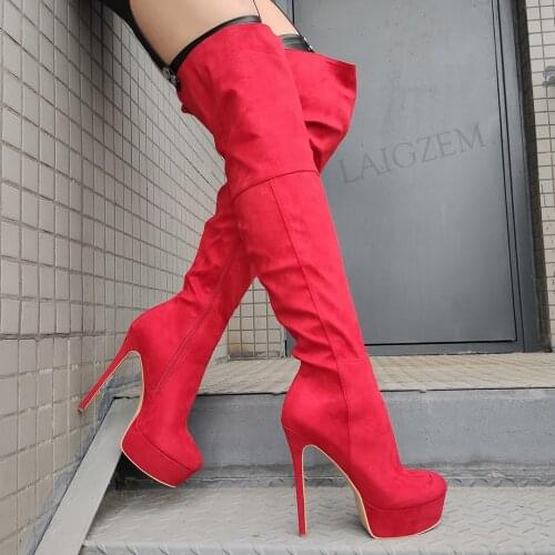 LAIGZEM Women Over Knee High Platform Boots Round Toe Side Zip High Heels Faux Suede Boots Botines Mujer Big Size 39 43 47 50 52