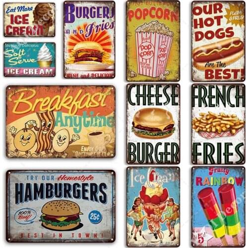 Burger Fast Food Metal Sign Metal Poster Plaque Metal Retro Tin Sign Wall Decoration Bar Bistro Cafe Retro Home Decor Sign